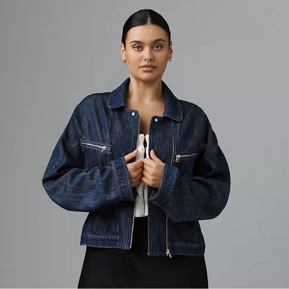 NWT! Anthropologie PILCRO Tidal Moto Utility Jacket Blue Denim Boxy Zip - XS 🧤🤎